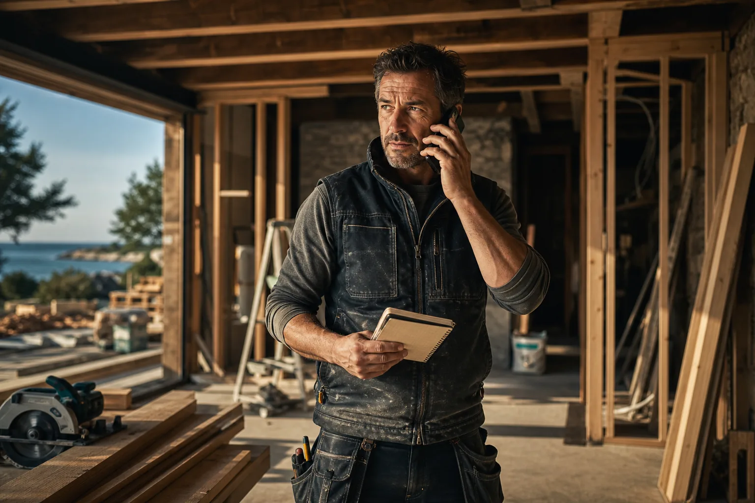 Artisan au téléphone sur un chantier, traitement publicitaire premium