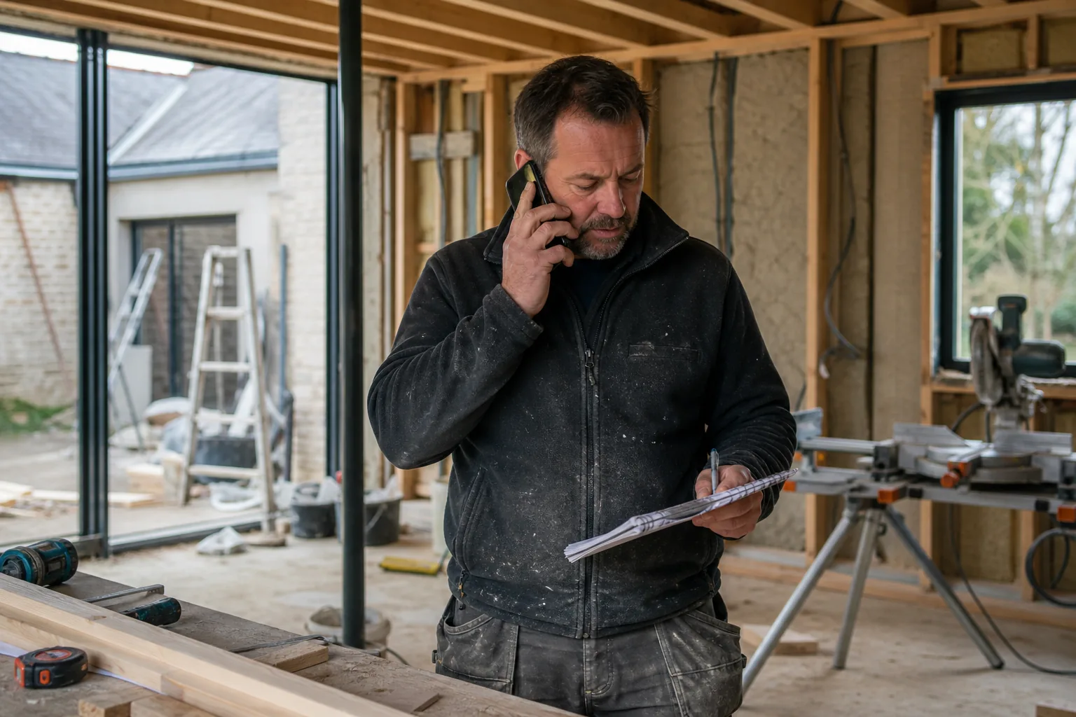 Artisan au téléphone sur un chantier, traitement reportage naturel